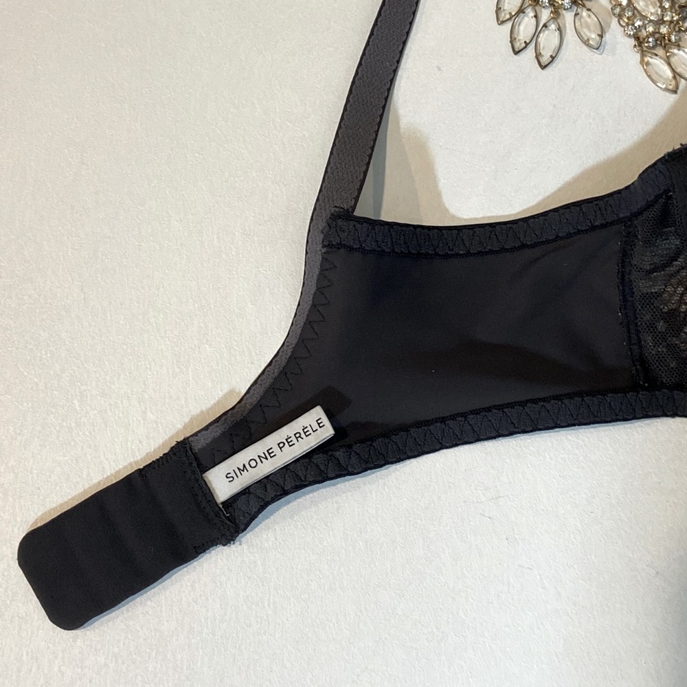 Simone Perele Paris Plunge Bra Black Scalloped Floral Lace Made in France 34B - Picture 10 of 12